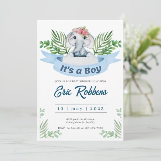招待状ウェルカム男の赤ちゃんシャワーエレファント 招待状 (スタンド正面)