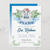 招待状ウェルカム男の赤ちゃんシャワーエレファント 招待状 (正面/裏面)