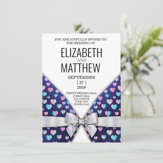 招待状エレガントの弓とハートの斑点 案内状 (スタンド正面)
