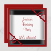 招待状エレガントバースデーパーティー白黒レッド 招待状 (正面/裏面)