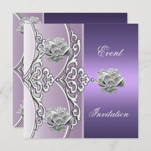 招待状エレガントパープルメイヴシルバーフローラ 招待状 (正面/裏面)