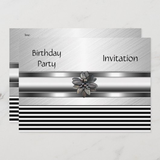 招待状エレガントブラックストライプバースデーパーティー 招待状 (正面/裏面)