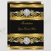 招待状エレガントブラックレース金ゴールドジュエル 招待状 (正面/裏面)