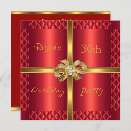 招待状エレガントレッドシルク金ゴールドボーダイヤモンド 招待状 (正面/裏面)