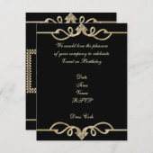 招待状エレガント誕生日ブラック金ゴールドトリム 招待状 (正面/裏面)