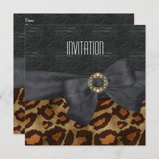 招待状エレガント野生動物黒金ゴールド宝石 招待状 (正面/裏面)