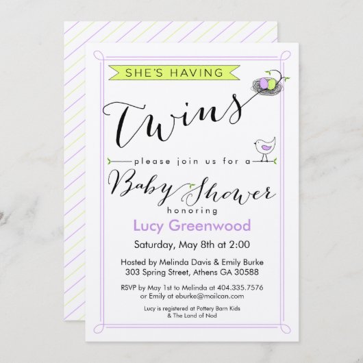 招待状カスタムは双子の赤ちゃんシャワーを持っている 招待状 (正面/裏面)