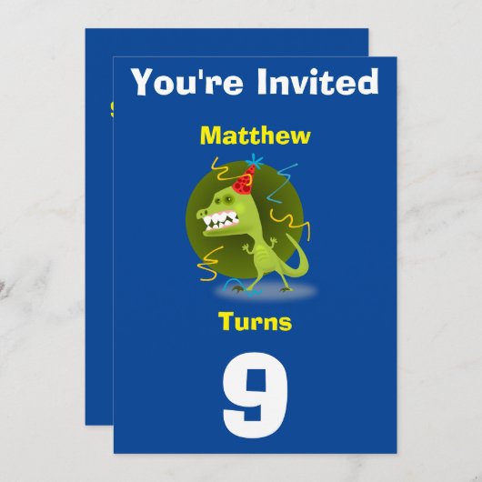 招待状カスタム恐竜 – 誕生日を追加した名前/年齢 招待状 (正面/裏面)