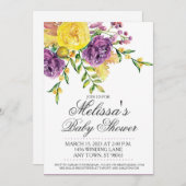 招待状カスタム赤ちゃんシャワー、紫イエローフローラ 招待状 (正面/裏面)