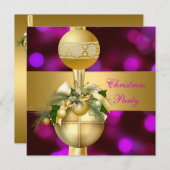 招待状クリスマスパーティー金ゴールドボールパープルピンク 招待状 (正面/裏面)