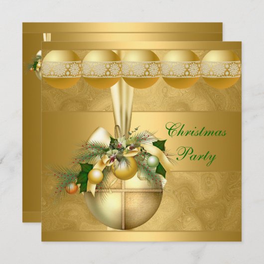 招待状クリスマスパーティー金ゴールドボール金ゴールド渦巻き 招待状 (正面/裏面)