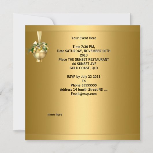 招待状クリスマスパーティー金ゴールドボール金ゴールド渦巻き 招待状 (裏面)