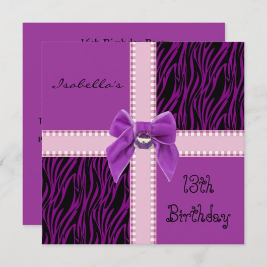 招待状スウィート13誕生日パープルピンク 招待状 (正面/裏面)