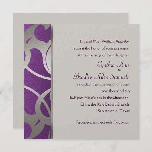 招待状スクエアプラムフェイクシルバーデコデザイン 招待状 (正面/裏面)