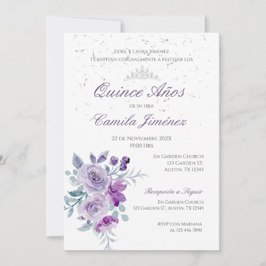 招待状スペインのキンセアニェラ紫フローラ 招待状 (正面)
