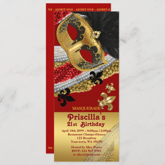 「招待状チケットスタイル」、「誕生日女性任意年齢」 招待状 (正面/裏面)