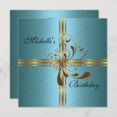 招待状ティール(緑がかった色)と金ゴールド抽象芸術 招待状 (正面/裏面)