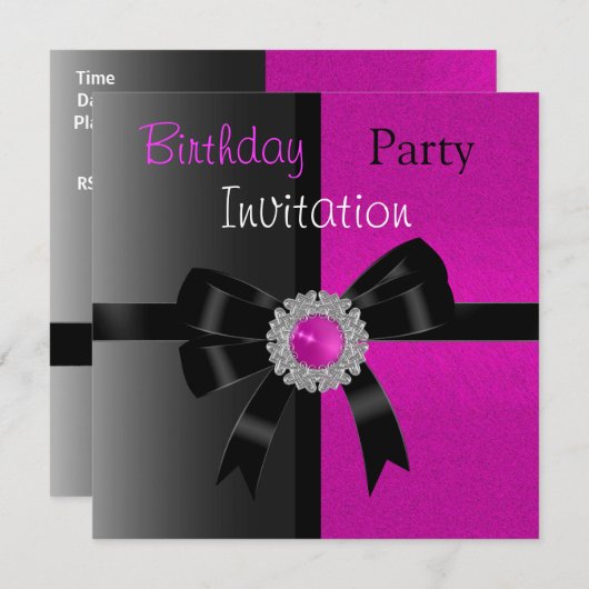 招待状バースデーパーティーブラックブライトピンクジュエル 招待状 (正面/裏面)