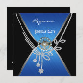 招待状バースデーパーティーブラックブルーシルバーパール 招待状 (正面/裏面)