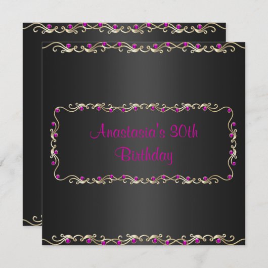 招待状バースデーパーティーブラック金ゴールドピンクジュエル 招待状 (正面/裏面)