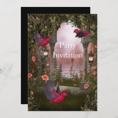 招待状バーズフリーパーティー招待状レッドピンク神秘的 招待状 (正面/裏面)