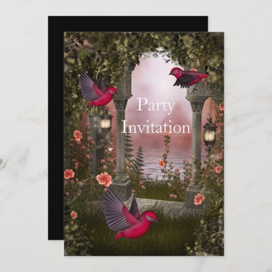 招待状バーズフリーパーティー招待状レッドピンク神秘的 招待状 (正面/裏面)