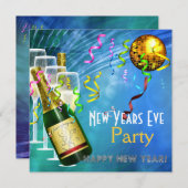 招待状パーティーニューイヤーイーブブルー金ゴールド 招待状 (正面/裏面)