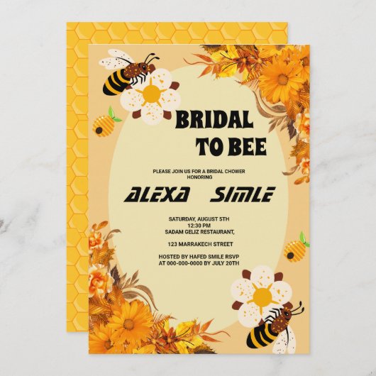 招待状ビーブライダルシャワーイエロー花模様パーティー 招待状 (正面/裏面)
