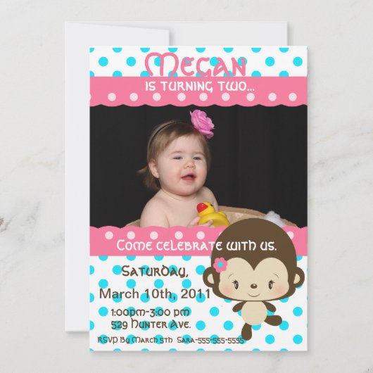 招待状ピンク青いLilの失敗猿の誕生日 招待状 (正面)