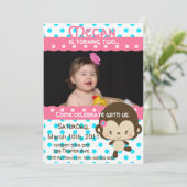 招待状ピンク青いLilの失敗猿の誕生日 招待状 (スタンド正面)