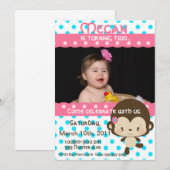 招待状ピンク青いLilの失敗猿の誕生日 招待状 (正面/裏面)