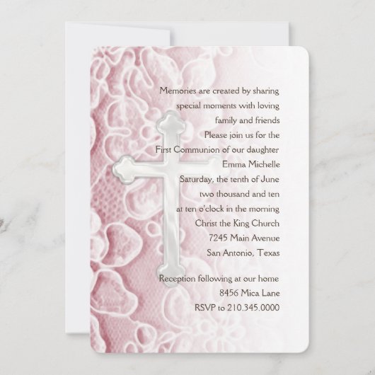 招待状ファーストコミュニオンレースとクロスピンク 招待状 (正面)