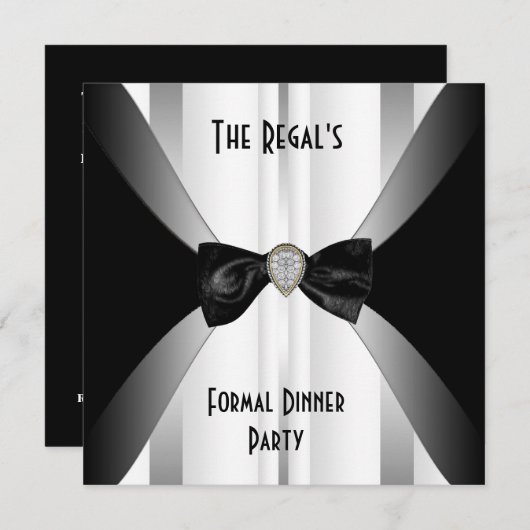 招待状フォーマルディナー白黒シルバーボウ 招待状 (正面/裏面)