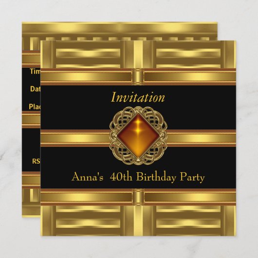 招待状ブラック金ゴールドオン金ゴールド40th誕生日パーティー 招待状 (正面/裏面)