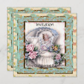 招待状ベビー《キリスト教》洗礼式や命名式バプテスマティール(緑がかった色)ヴィンテージ 招待状 (正面/裏面)