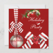 招待状ホリデーパーティレッドホワイトキャンディストライプンボウ4 招待状 (正面)