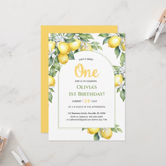 招待状レモン柑橘類1歳の誕生日。 招待状 (正面/裏面インサイチュ)