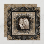 招待状婚約パーティブラックブラウンレースフレーム 招待状 (正面/裏面)