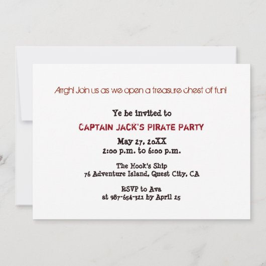 招待状海賊宝誕生日会ボーイ 招待状 (裏面)
