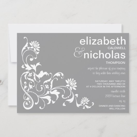 招待状灰色エレガントな花の華麗さの結婚 招待状 (正面)