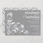 招待状灰色エレガントな花の華麗さの結婚 招待状 (正面/裏面)