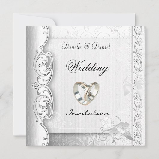 招待状結婚スエレガントホワイトレースリングや輪 招待状 (正面)