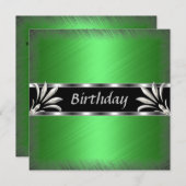 招待状誕生日グリーンシルバーフローラ 招待状 (正面/裏面)