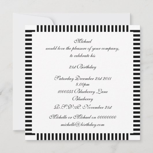 招待状誕生日ストライプ白黒写真 招待状 (裏面)