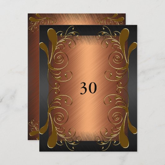 招待状誕生日ダークブラック&ラスト金ゴールドフローラ 招待状 (正面/裏面)