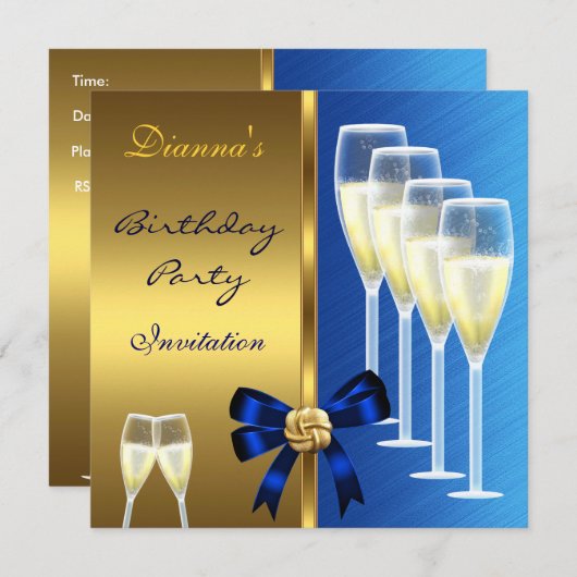 招待状誕生日パーティーエレガントブルーブラック金ゴールド 招待状 (正面/裏面)