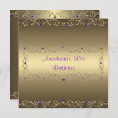 招待状誕生日パーティー金ゴールド紫色の宝石 招待状 (正面/裏面)