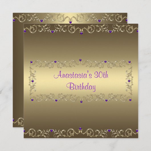 招待状誕生日パーティー金ゴールド紫色の宝石 招待状 (正面/裏面)