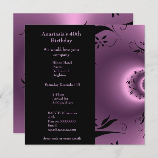 招待状誕生日パープルとブラックフローラポーラ 招待状 (正面/裏面)