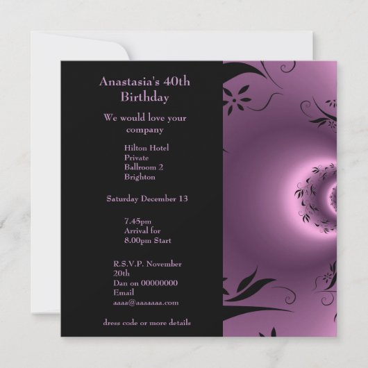 招待状誕生日パープルとブラックフローラポーラ 招待状 (正面)